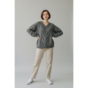 Blu Ivy Women's Size M/L Chunky Cable Knit Balloon Sleeve Sweater Gray